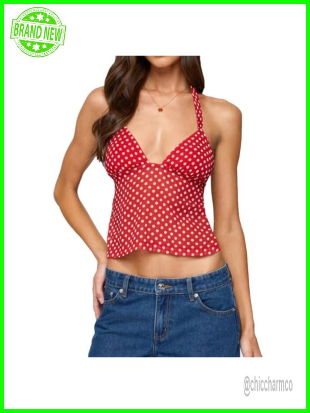 Women Polka Dot Halter Top Sleeveless V Neck Slim Fit Crop Camisole
